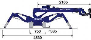 Abmessungsgrafik von Minikran MC 87.3 mit Anbauwerkzeug Glassauger