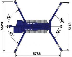 Abmessungsgrafik von Montagekran MC 168.4 bei maximaler Abstützposition