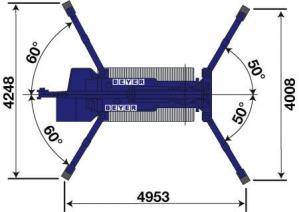 Abmessungsgrafik von Montagekran MC 168.4 bei minimaler Abstützposition