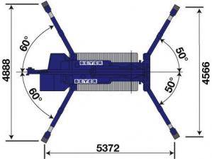 Abmessungsgrafik von Montagekran MC 168.4 bei mittlerer Abstützposition
