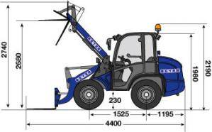 Abmessungsgrafik von Radlader RL 35 mit Palettengabel