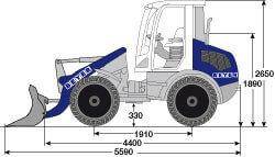 Seitliche Abmessungsgrafik von Radlader RL 100 mit Steinschaufel
