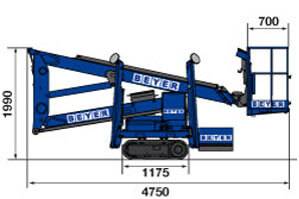 Abmessungsgrafik 13 m Raupenarbeitsbühne von BEYER-Mietservice
