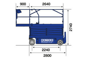 Seitliche Abmessungsgrafik von BEYER Scherenbühne SB 158 ELDI