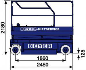 Grafik 10 m Elektro-Scherenbühne SB 101 ES mit Angabe Höhe und Länge