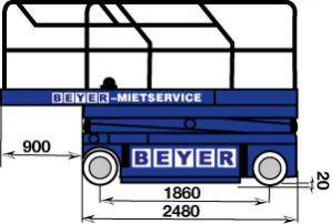 Seitliche Abmessungsgrafik von BEYER-Scherenbühne mit 14 m Arbeitshöhe
