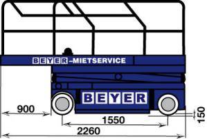 Abmessungsgrafik von 8 m Scherenbühne aus der Vermietung