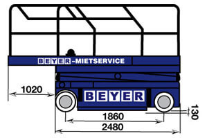 Abmessungsgrafik Seite von Scherenbühne SB 101 E mit 10 m Arbeitshöhe