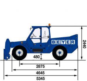 Seitliche Abmessungen von BEYER Schwerlast-Telelader mit 6 t Tragkraft