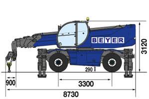 Seitliche Abmessungsgrafik von Telelader TSR 2670 mit Seilwinde