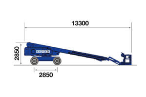 Seitliche Abmessungsgrafik von E-Teleskopbühne TB 298 KE von BEYER