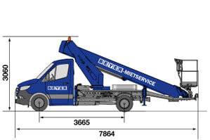 Seitliche Abmessungsgrafik von LKW-Arbeitsbühne LB 290 T