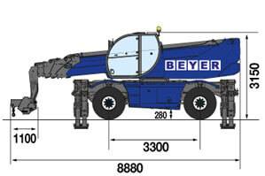 Seitliche Abmessungsgrafik von Telehandler TSR 3060 mit Lasthaken 6 t
