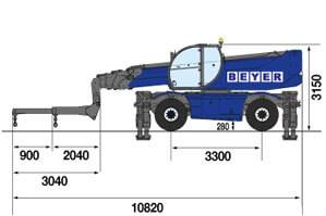 Seitliche Abmesssungsgrafik von Teleskoplader TSR 3060 mit teleskopierbarem Lasthaken