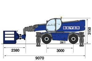 Telehandler mit Arbeitskorb 1000kg - seitliche Abmessungsgrafik