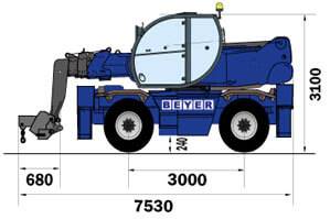 Telehandler TSR1840 mit Lasthaken 4t seitliche Abmessungsgrafik