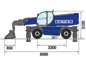 Seitliche Abmessungsgrafik von Telehandler TSR 2670 mit Schwergutschaufel