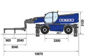 Abmessungen seitlich Telelader mit teleskopierbarem Lasthaken