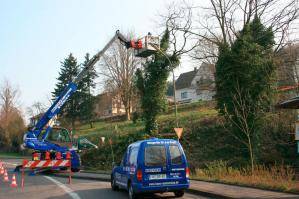 Abgestützter Teleskoplader auf Straße mit Arbeitskorb im Einsatz