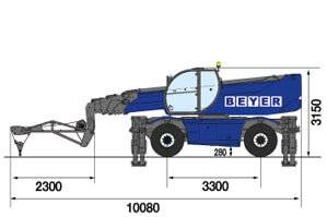 Seitliche Abmessungsgrafik von Teleskopmaschine TSR 3060 mit Gittermast Winde