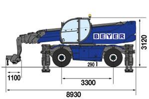 Seitliche Abmessungsgrafik von Teleskopstapler Rotor TSR 2670 mit Lasthaken