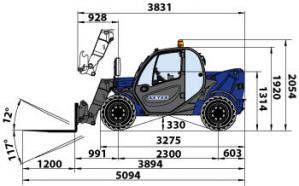 Seitliche Abmessungsgrafik von starrem Teleskoplader aus der Vermietung