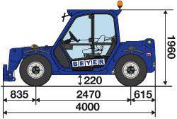 Seitliche Abmessungsgrafik von Teleskoplader TSS 625 aus der Vermietung