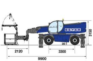 Seitliche Abmessungsgrafik von drehbarem Telestapler TSR 3060 mit Arbeitskorb und Winde