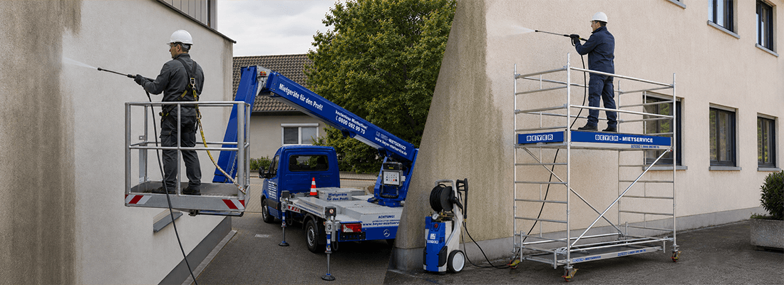 LKW-Bühne und Fahrgerüst aus der BEYER-Vermietung für Fassadenarbeiten