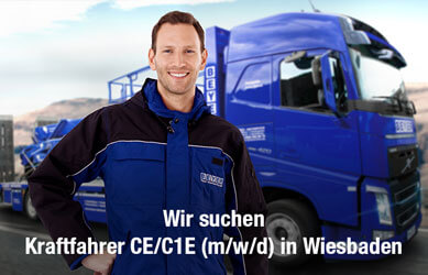 Bild mit weißer Aufschrift: Wir suchen Kraftfahrer in Wiesbaden