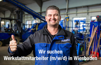 Jobbild mit weißer Aufschrift: Wir suchen Werkstattmitarbeiter in Wiesbaden